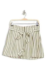 L'Agence Alex Paperbag Shorts Size 10 Olive Green Ivory Stripe Linen Blend - Picture 1 of 7