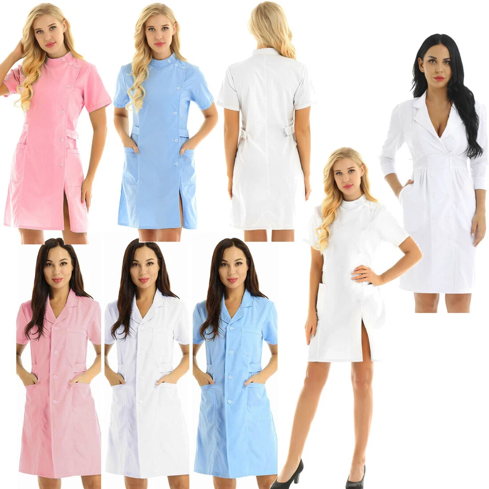 Women Adult Hospital Medical Doctor Nurse Uniform Scrub Tops Lab Coat Long Dress - Image 1 of 1