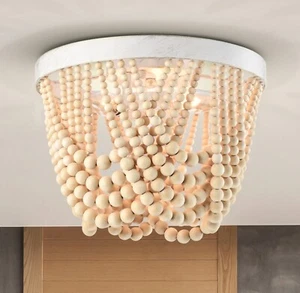 Wood Beaded Flush mount Ceiling Light Fixture 3-Light Farmhouse Chandelier Beige - Picture 1 of 6