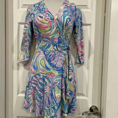 Lilly Pulitzer Bright Colorful Blue Pink Soft Knit Wrap Dress Women's S - Image 1 of 4