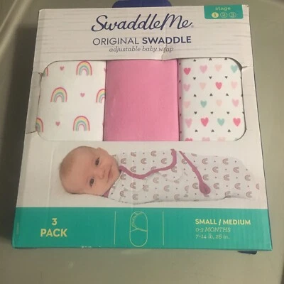 SwaddleMe Original Swaddle Wrap Newborn Stage 1- S/M - 3pk Pink Rainbows Hearts - Image 1 of 4