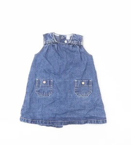 Petit Bateau Girls Blue 100% Cotton Pinafore/Dungaree Dress Size 6-9 Months Roun - Picture 1 of 10