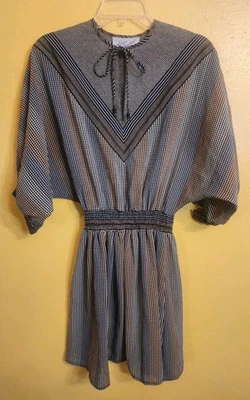 VESTIDO ÚNICO Mini Dolman Corbata Cuello en V Negro Azul Pata de Gallo Rayas S-Med De Colección Foto 1 de 4