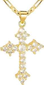 14K Gold Plated Cross Necklace Cubic Zirconia Religious Faith Pendant Jewelry - Picture 1 of 9