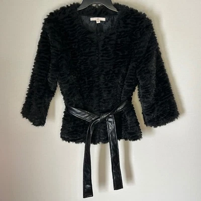 Fever Black Faux Fur Coat Jacket Faux Leather Belt Women's Large Evening Party - Image 1 of 4