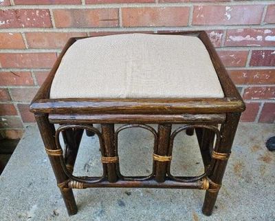 Vintage Ottoman Footstool Bench Rattan And Bamboo New Zippered Cushion - Image 1 of 4