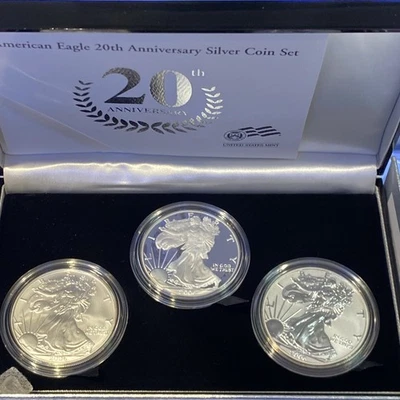Juego de 3 monedas de plata American Eagle 2006 20 aniversario con caja/certificado de autenticidad Foto 1 de 4