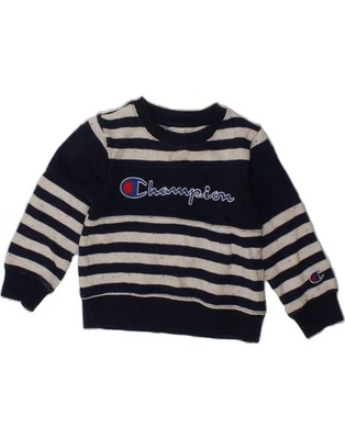 CHAMPION Boys Graphic Crew Neck Jumper Sweater 2-3 Years Navy Blue Striped SF07 - Image 1 of 4