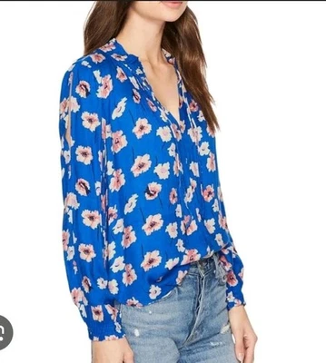 Lucky Brand Umi Floral Peasant Top Cold Shoulder Blue Medium Boho Cottagecore - Image 1 of 4