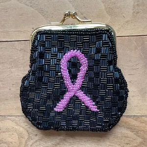 Vintage Breast Cancer Ribbon Awareness Coin Purse Clasp Closure Black Pink Bling - Picture 1 of 5