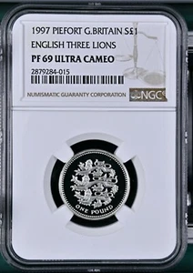 (TOP POP) 1997 GREAT BRITAIN SILVER PIEDFORT £1 ENGLISH THREE LIONS PROOF NGC 69 - Picture 1 of 4