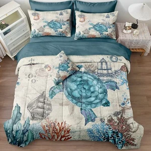 Sea Turtle Comforter Set Queen Size 4 Pieces Blue Ocean Comforter Shell Coral... - Picture 1 of 9