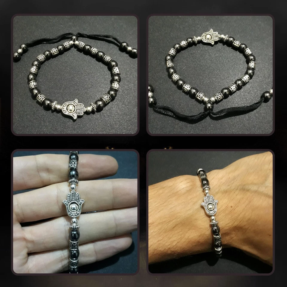 Bracciale Hamsa Hand Evil Eye Ematite Cordoncino metallico Fatto a mano in... - Immagine 1 di 4