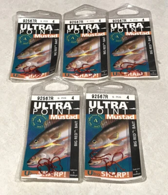 Mustad BIG RED BAIT Fish Hooks Size 4 Ultra Point 92567R New 25 ct. Tapered Eye - Image 1 of 4