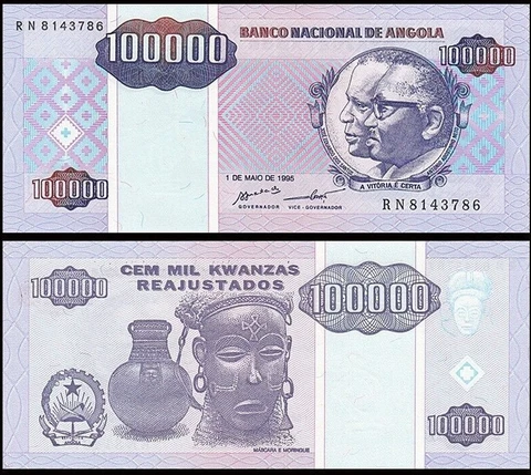 ANGOLA 100,000 KWANZAS REAJUSTADOS 1995 UNC CONJOINED BUSTS OF JOSE EDUARDO DOS Cover