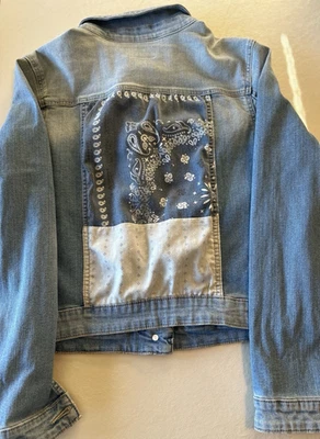 Chaqueta de mezclilla Y2K azul/blanco de colección Arizona Jean Company con diseño de parche en la parte posterior ~ XL Foto 1 de 4