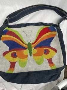Vtg Needlepoint Handbag Denim Butterfly 70’s Vibe Undone “Screen Door Threads” - Picture 1 of 7