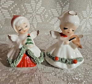 Vintage Miniature Napcoware Christmas Angels Bone China Set Of 2 Violin Tree - Picture 1 of 12
