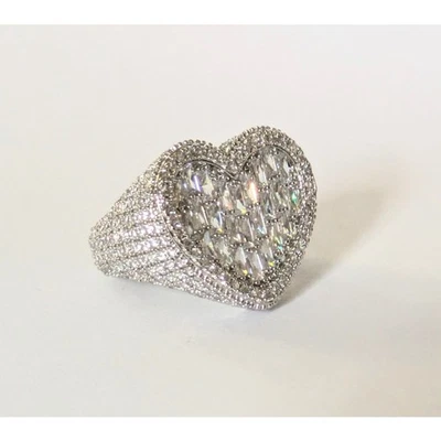 Full Iced Out Silver Tone Heart Bling Baguette CZ Chunky Ring Size 8 New - Image 1 of 4