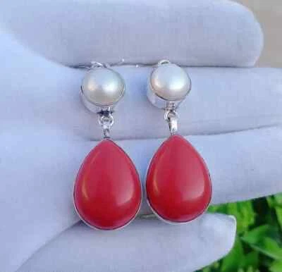Beautiful Red Coral & Pearl Earrings 925 Sterling Silver Bohemian Earrings Gifts - Imagem 1 de 4