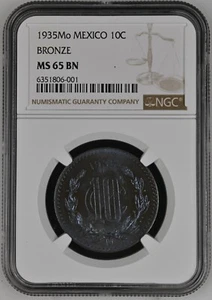 1935 Mo Mexico 10 Centavos Bronze NGC MS 65 BN - Picture 1 of 2