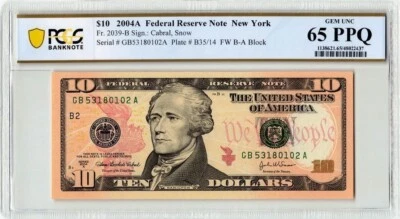 2004A United States Fr. 2039-B PCGS Gem UNC 65 PPQ 10 Dollars New York - Image 1 of 2