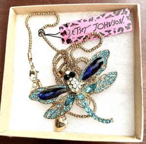 BETSY JOHNSON BLUE RHINESTONE & BRILLIANT CRYSTALS DRAGONFLY PENDANT - Picture 1 of 2