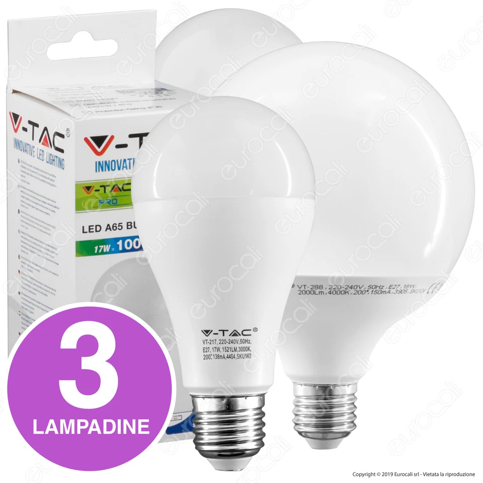 3 LAMPADINE LED V-Tac attacco E27 Globo Bulbo Lampade POTENTI 15W a 22W Samsung - Immagine 1 di 1