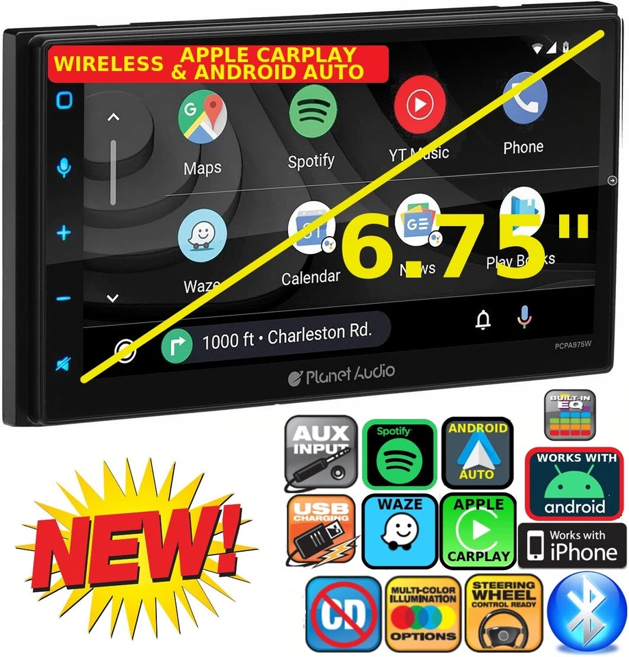 PCPA975W 6.75" WIRELESS APPLE CARPLAY/ANDROID AUTO BLUETOOTH CAR RADIO STEREO  - Image 1 of 1