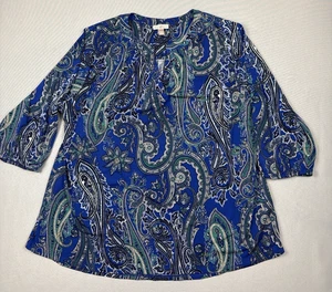 Roz & Ali Blusa Mujer’s 2X Paisley Azul Verde Manga 3/4 Cuello Dividido Top - Imagen 1 de 10