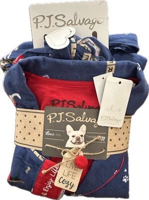 NWT PJ Salvage Women's XL Love Leo Rescue Cotton Flannel Pajama Pj Set $72 Blue - Image 1 of 4