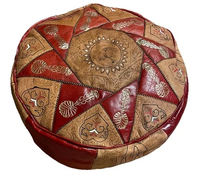 Vtg Handmade Moroccan Round Leather Pouf Red Gold Ottoman Footstool - Image 1 of 4