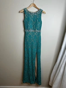 Jodi Kristopher Gown Dress Size 1 Teal Green Blue Beaded Lace Prom Bridesmaid - Picture 1 of 15