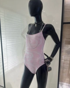 CHANEL 25M COCO BEACH Rose/white CC logo Swimsuit Bodysuit Size 38 New/receipt - Picture 1 of 23