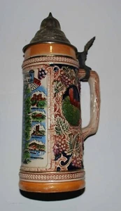 Vintage Ceramic Beer Stein 10 1/2" Pewter Lid Der Rhein Von Koblenz Bis Koln  - Picture 1 of 9