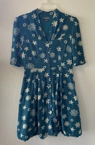 Emily and Fin Dress Size Small Retro 50s Vintage Style Teal Snowflakes Buttons - Picture 1 of 18