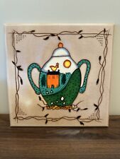Vintage Ceramic Art Tile 12 x 12” Teapot Rooster Hand painted Kitchen Decor