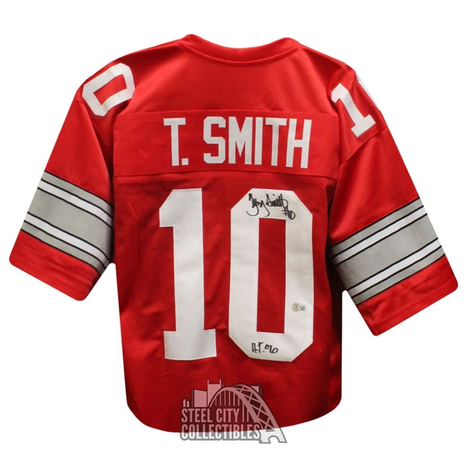 Camiseta de fútbol roja personalizada autografiada por Troy Smith Ohio State Heisman 06 - BAS Foto 1 de 1