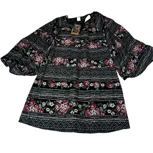 Paper Crane Black Geometric Floral Shift Dress With Bell Sleeves open Back S USA - Picture 1 of 12