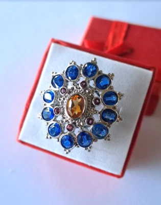 Bague cocktail citrine cyanite grenat rhodolite argent 925 T 57 - Photo 1/4