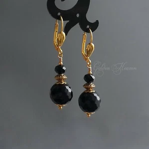 Black Faceted Onyx and Crystal Gold Plated Leverback Round Cute Earrings Jewelry - Picture 1 of 3