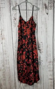 Vintage California Dynasty Gown Small Red Black Satin Floral Made in USA Womens - Picture 1 of 8