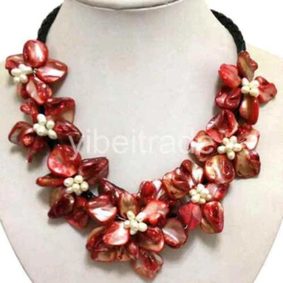 Collar de cuero hecho a mano de perlas de agua dulce vino rojo 7 conchas de mar flor 18" Foto 1 de 3