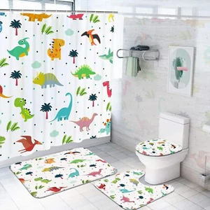 Ikfashoni 4Pcs Cartoon Dinosaur Shower Curtain Set with Non-Slip Rugs Toilet Lid - Picture 1 of 7