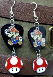 Super Mario Charm Jumping Over a Red Mushroom Charm Guitar Pick Earrings - Picture 1 of 7