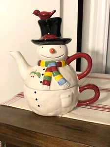 Oneida Snowmates Tea for One Hand Painted Earthenware Snowman Christmas - Picture 1 of 9