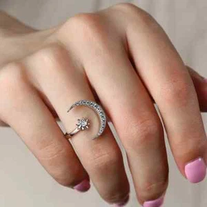 Moon & Star Ring For Women Silver Simulated Diamond Round 14K Rose Gold Plated - Picture 1 of 5