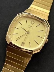 Vintage New 1982 TIMEX Q Men’s 40mm Date Quartz Watch Gold Plated Case Bracelet - Picture 1 of 16
