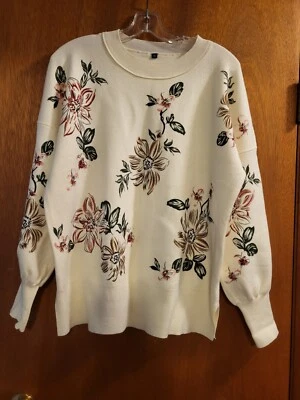 Women's Ivory Sweater With Florals Long Sleeves Pullover Crew Neck Sz M - Imagem 1 de 4