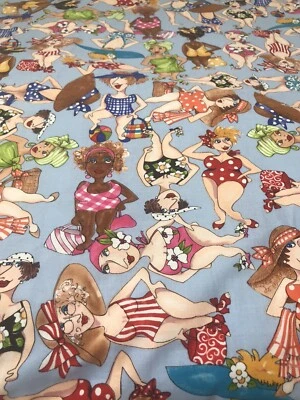 Edredón de algodón Loralie Harris Bathing Beauties tela azul RARO 1 YARDA dama  Foto 1 de 4